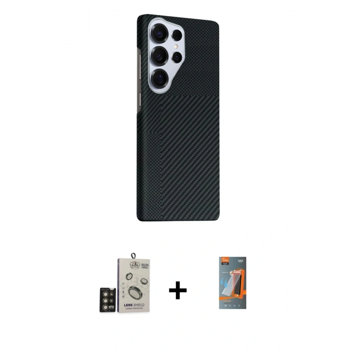 MARSİLYAN™- Galaxy S24 Ultra Kılıf Kozmos Klasik Prime - Siyah AutoKit 5in1 Fiber Hayalet Polymer Nano Ekran Koruyucu + Bilvis Titan Kamera Lens - GD