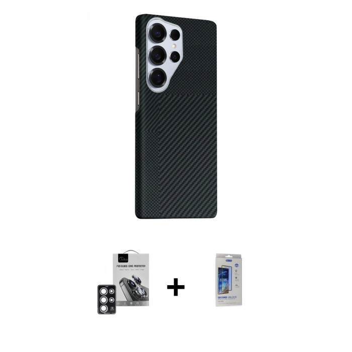 MARSİLYAN™- Galaxy S24 Ultra Kılıf Kozmos Klasik Prime - Siyah Durable Full Glue Curved Cam + PVD Metal Kamera Lens - PE