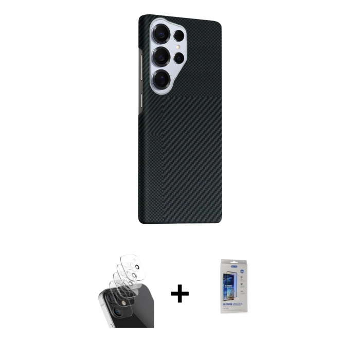 MARSİLYAN™- Galaxy S24 Ultra Kılıf Kozmos Klasik Prime - Siyah Durable Full Glue Curved Cam + Kamera Lens Koruma Cam - SF