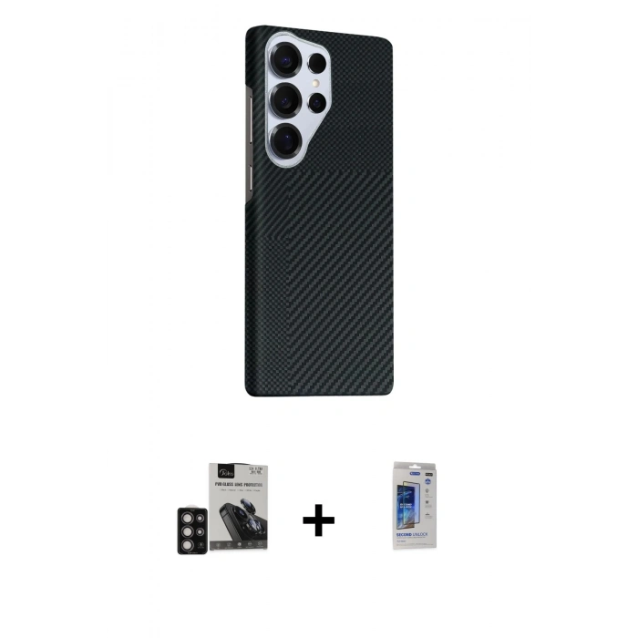MARSİLYAN™- Galaxy S24 Ultra Kılıf Kozmos Klasik Prime - Siyah Durable Full Glue Curved Hayalet Cam + PVD Metal Kamera Lens - DNMR