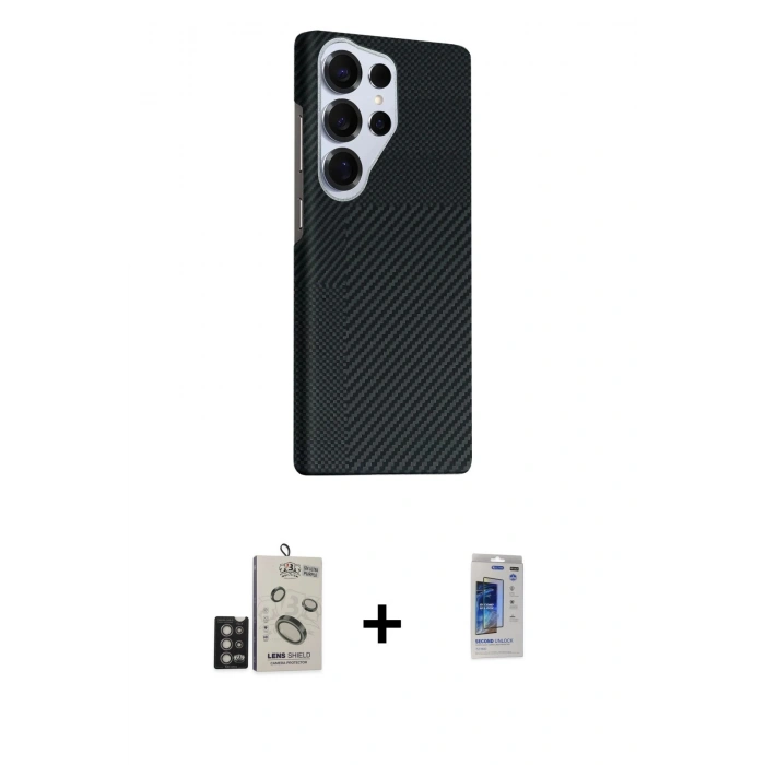 MARSİLYAN™- Galaxy S24 Ultra Kılıf Kozmos Klasik Prime - Siyah Durable Full Glue Curved Hayalet Cam + Bilvis Titan Kamera Lens - DNMR