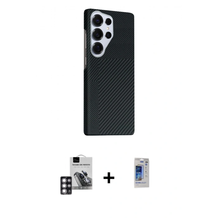 MARSİLYAN™- Galaxy S24 Ultra Kılıf Kozmos Klasik Prime - Siyah Durable Full Glue Curved Hayalet Cam + PVD Metal Kamera Lens - PE