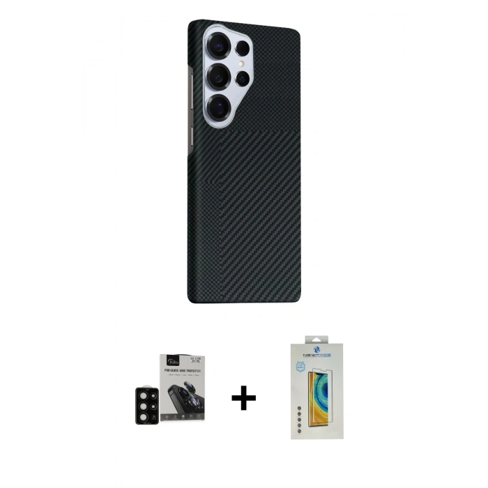 MARSİLYAN™- Galaxy S24 Ultra Kılıf Kozmos Klasik Prime - Siyah Polymer Nano Ekran Koruyucu + PVD Metal Kamera Lens - SH