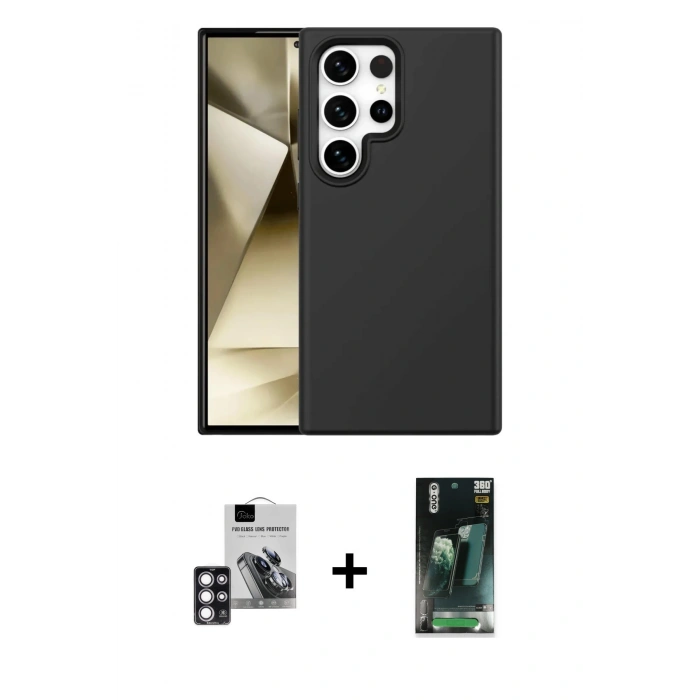 MARSİLYAN™- Galaxy S24 Ultra Kılıf Kozmos Yansıma Özel Seri - Siyah 360 Mat Full Body Arka Koruyucu + PVD Metal Kamera Lens - PE