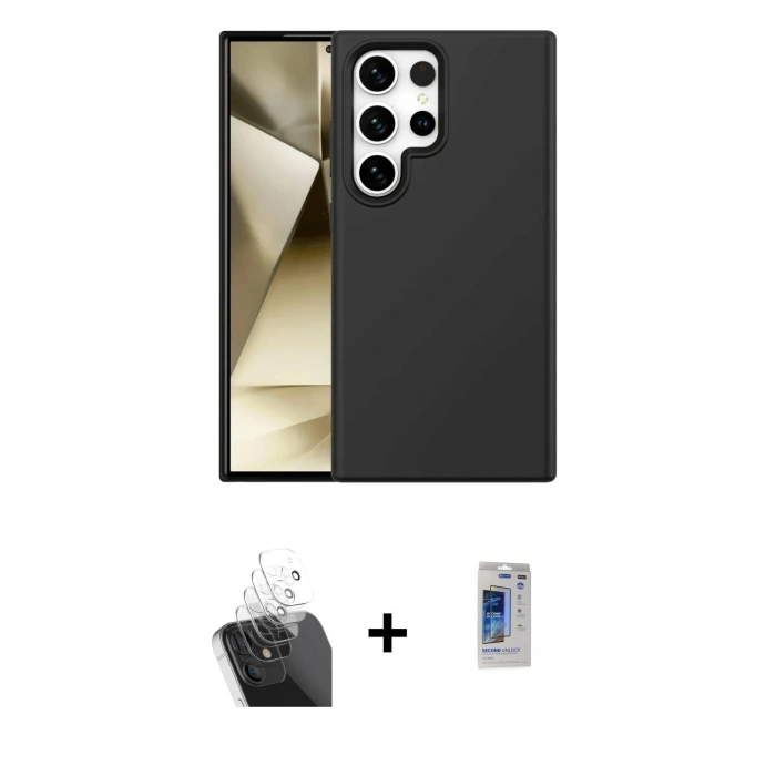 MARSİLYAN™- Galaxy S24 Ultra Kılıf Kozmos Yansıma Özel Seri - Siyah Durable Full Glue Curved Hayalet Cam + Kamera Lens Koruma Cam - SF
