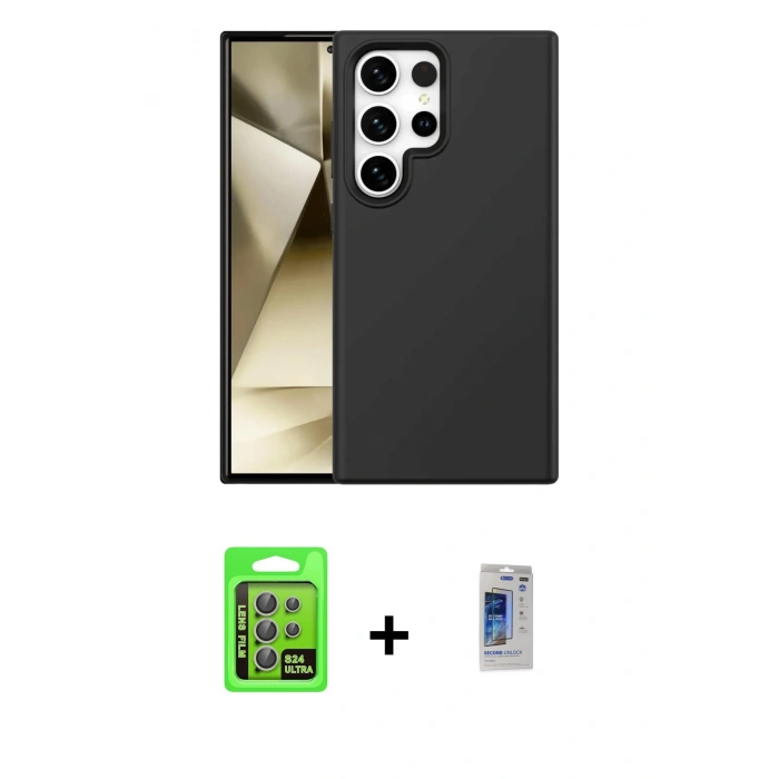 MARSİLYAN™- Galaxy S24 Ultra Kılıf Kozmos Yansıma Özel Seri - Siyah Durable Full Glue Curved Hayalet Cam + Raze Metal Kamera Lens - GI