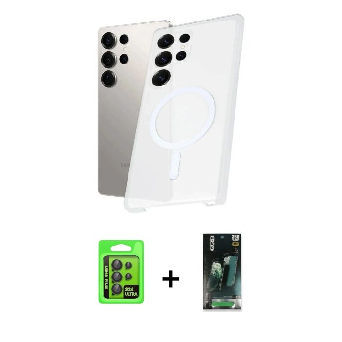 MARSİLYAN™- Galaxy S24 Ultra Kılıf Kutup Minimal - Siyah 360 Mat Full Body Arka Koruyucu + Raze Metal Kamera Lens - SH