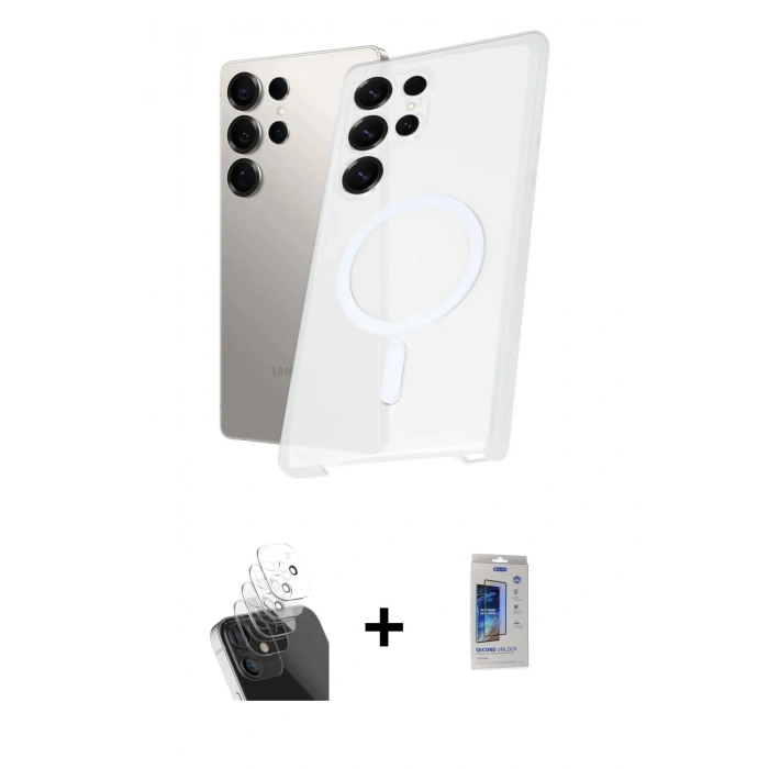 MARSİLYAN™- Galaxy S24 Ultra Kılıf Kutup Minimal - Siyah Durable Full Glue Curved Cam + Kamera Lens Koruma Cam - SF