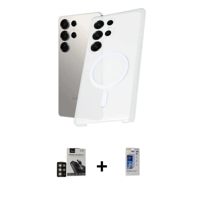 MARSİLYAN™- Galaxy S24 Ultra Kılıf Kutup Minimal - Siyah Durable Full Glue Curved Hayalet Cam + PVD Metal Kamera Lens - GD