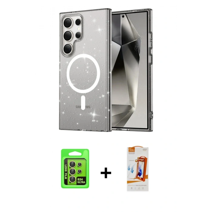 MARSİLYAN™- Galaxy S24 Ultra Kılıf Nova Asil Prime - Siyah AutoKit 5in1 Fiber Polymer Nano Ekran Koruyucu + Raze Metal Kamera Lens - SI