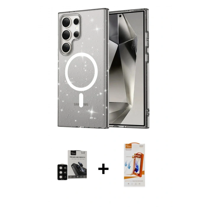 MARSİLYAN™- Galaxy S24 Ultra Kılıf Nova Asil Prime - Siyah AutoKit 5in1 Fiber Polymer Nano Ekran Koruyucu + PVD Metal Kamera Lens - SH