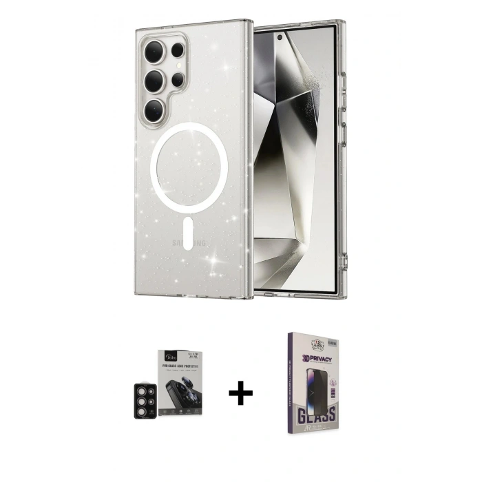 MARSİLYAN™- Galaxy S24 Ultra Kılıf Nova Asil Prime - Siyah Bilvis Hayalet Cam Ekran Koruyucu + PVD Metal Kamera Lens - DNMR