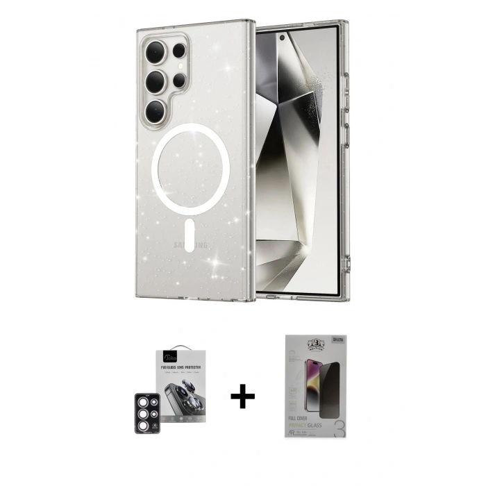 MARSİLYAN™- Galaxy S24 Ultra Kılıf Nova Asil Prime - Siyah Bilvis Hayalet Cam Ekran Koruyucu + PVD Metal Kamera Lens - PE