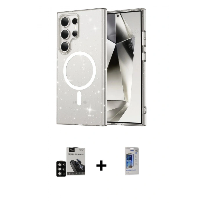 MARSİLYAN™- Galaxy S24 Ultra Kılıf Nova Asil Prime - Siyah Durable Full Glue Curved Hayalet Cam + PVD Metal Kamera Lens - SH