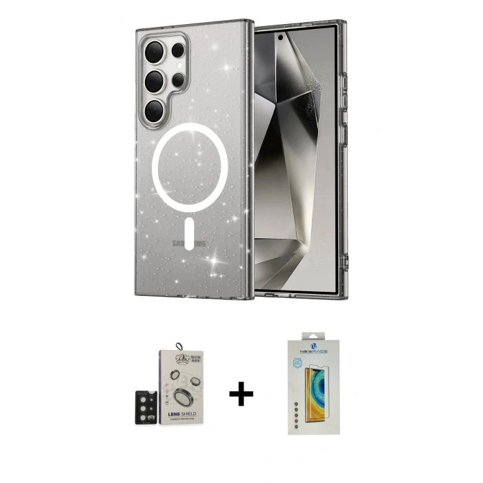 MARSİLYAN™- Galaxy S24 Ultra Kılıf Nova Asil Prime - Siyah Polymer Nano Ekran Koruyucu + Bilvis Titan Kamera Lens - SH