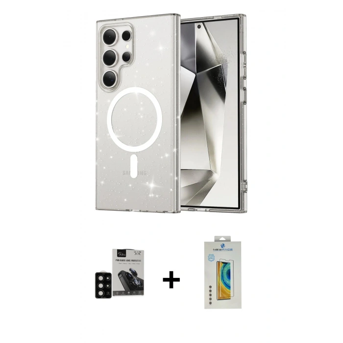 MARSİLYAN™- Galaxy S24 Ultra Kılıf Nova Asil Prime - Siyah Polymer Nano Ekran Koruyucu + PVD Metal Kamera Lens - SH