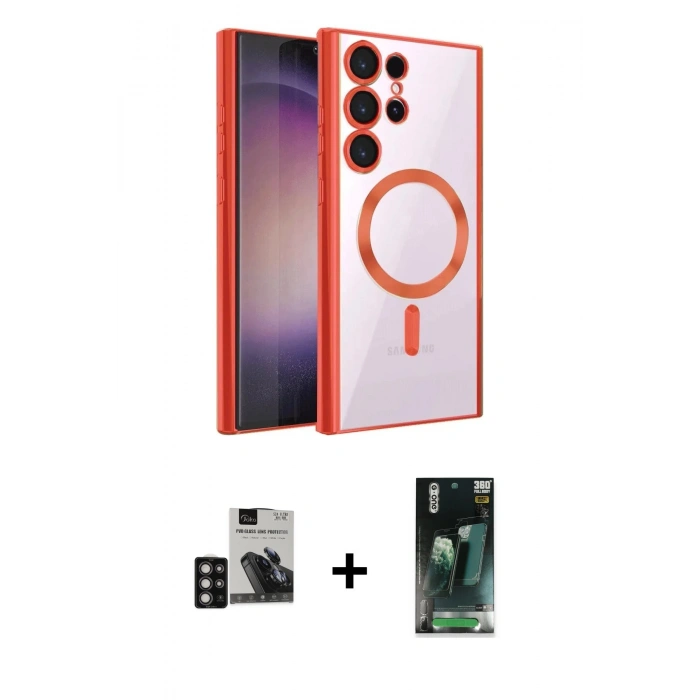 MARSİLYAN™- Galaxy S24 Ultra Kılıf Nova Işık Özel Seri - Şeffaf 360 Full Body Arka Koruyucu + Derin Mor PVD Metal Kamera Lens