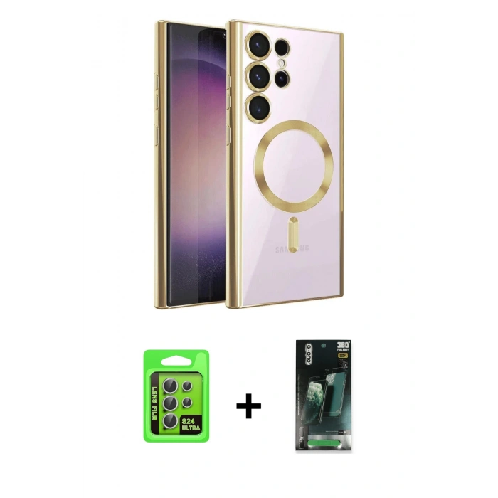 MARSİLYAN™- Galaxy S24 Ultra Kılıf Nova Işık Özel Seri - Şeffaf 360 Full Body Arka Koruyucu + Raze Metal Kamera Lens - GS