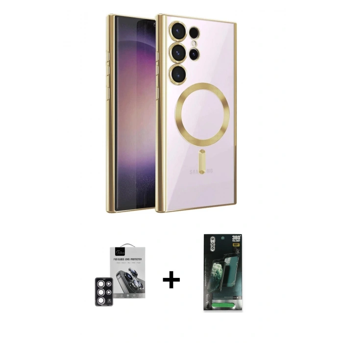 MARSİLYAN™- Galaxy S24 Ultra Kılıf Nova Işık Özel Seri - Şeffaf 360 Full Body Arka Koruyucu + PVD Metal Kamera Lens - PE