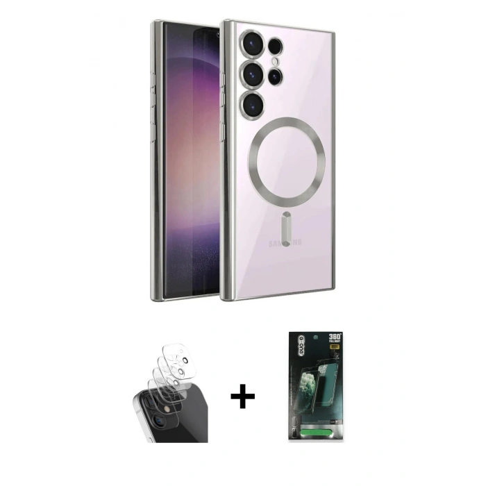 MARSİLYAN™- Galaxy S24 Ultra Kılıf Nova Işık Özel Seri - Şeffaf 360 Full Body Arka Koruyucu + Kamera Lens Koruma Cam - SF