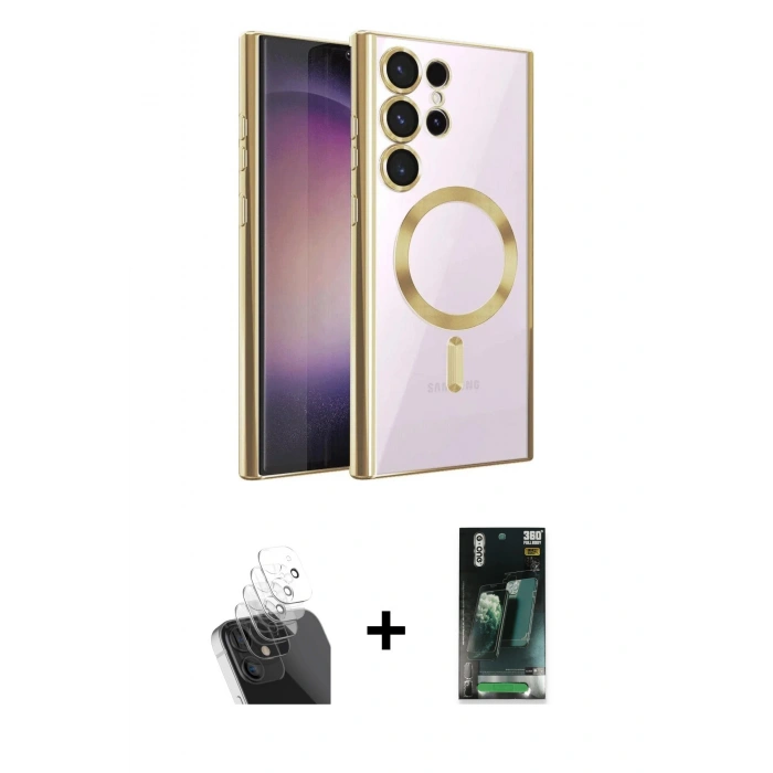 MARSİLYAN™- Galaxy S24 Ultra Kılıf Nova Işık Özel Seri - Şeffaf 360 Full Body Arka Koruyucu + Kamera Lens Koruma Cam - SF