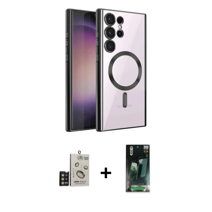MARSİLYAN™- Galaxy S24 Ultra Kılıf Nova Işık Özel Seri - Siyah 360 Mat Full Body Arka Koruyucu + Bilvis Titan Kamera Lens - GD