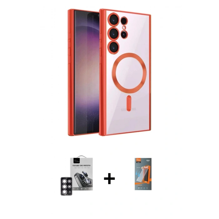 MARSİLYAN™- Galaxy S24 Ultra Kılıf Nova Işık Özel Seri - Siyah AutoKit 5in1 Fiber Hayalet Polymer Nano Ekran Koruyucu + Pembe PVD Metal Kamera Lens