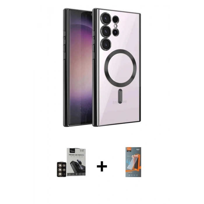 MARSİLYAN™- Galaxy S24 Ultra Kılıf Nova Işık Özel Seri - Siyah AutoKit 5in1 Fiber Hayalet Polymer Nano Ekran Koruyucu + PVD Metal Kamera Lens - GD