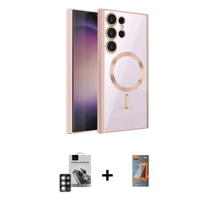 MARSİLYAN™- Galaxy S24 Ultra Kılıf Nova Işık Özel Seri - Siyah AutoKit 5in1 Fiber Hayalet Polymer Nano Ekran Koruyucu + Pembe PVD Metal Kamera Lens