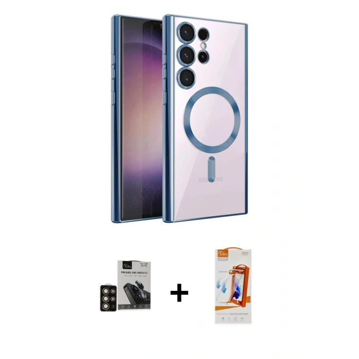 MARSİLYAN™- Galaxy S24 Ultra Kılıf Nova Işık Özel Seri - Siyah AutoKit 5in1 Fiber Polymer Nano Ekran Koruyucu + PVD Metal Kamera Lens - GD