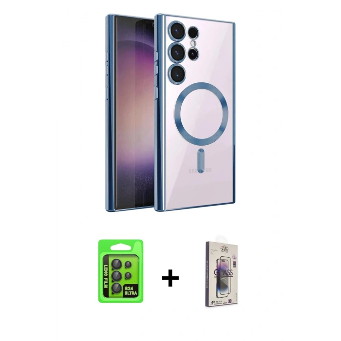 MARSİLYAN™- Galaxy S24 Ultra Kılıf Nova Işık Özel Seri - Siyah Bilvis 3D Cam Ekran Koruyucu + Raze Metal Kamera Lens - SH