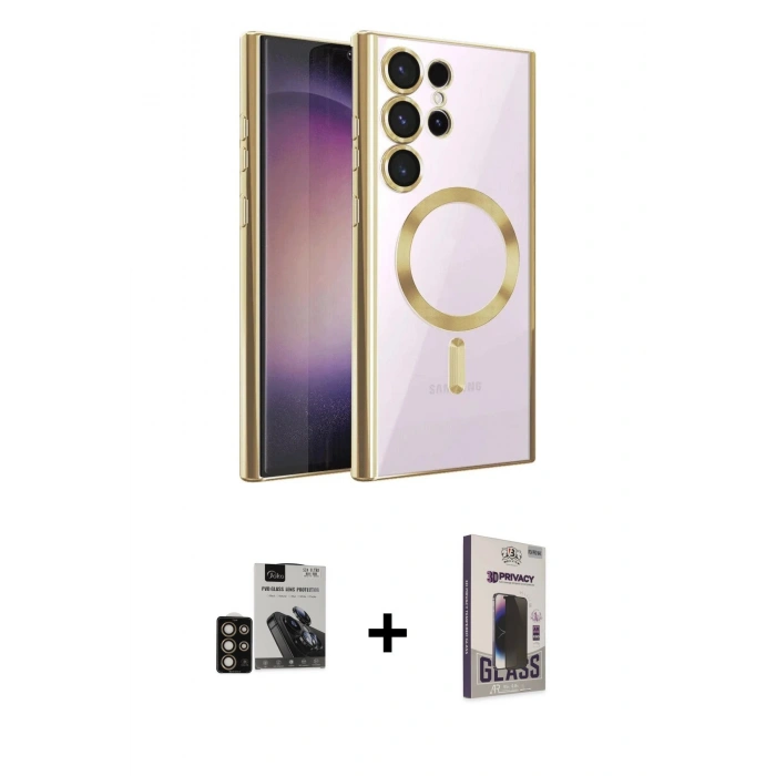 MARSİLYAN™- Galaxy S24 Ultra Kılıf Nova Işık Özel Seri - Siyah Bilvis Hayalet Cam Ekran Koruyucu + PVD Metal Kamera Lens - GD