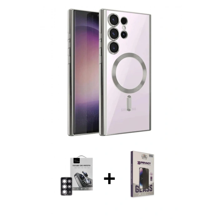 MARSİLYAN™- Galaxy S24 Ultra Kılıf Nova Işık Özel Seri - Siyah Bilvis Hayalet Cam Ekran Koruyucu + PVD Metal Kamera Lens - PE