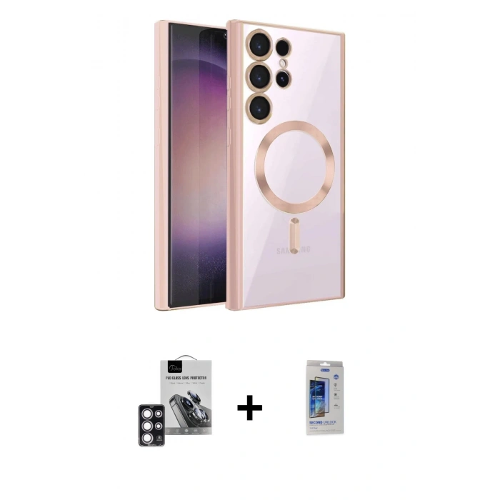 MARSİLYAN™- Galaxy S24 Ultra Kılıf Nova Işık Özel Seri - Siyah Durable Full Glue Curved Cam + Pembe PVD Metal Kamera Lens