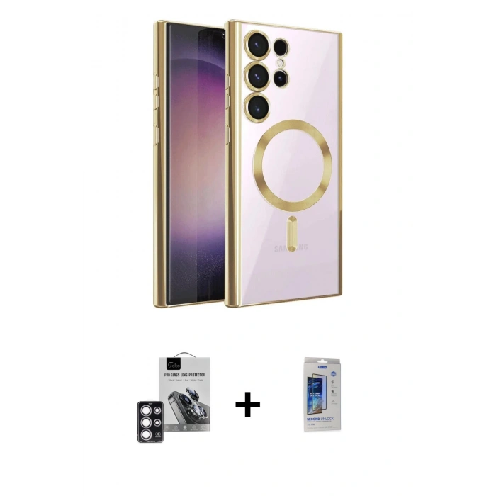 MARSİLYAN™- Galaxy S24 Ultra Kılıf Nova Işık Özel Seri - Siyah Durable Full Glue Curved Cam + Pembe PVD Metal Kamera Lens