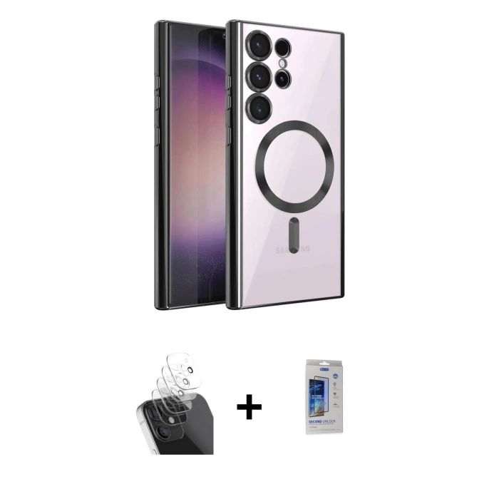 MARSİLYAN™- Galaxy S24 Ultra Kılıf Nova Işık Özel Seri - Siyah Durable Full Glue Curved Cam + Kamera Lens Koruma Cam - SF