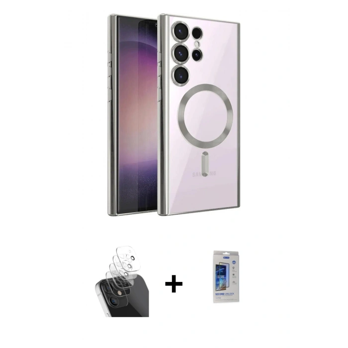 MARSİLYAN™- Galaxy S24 Ultra Kılıf Nova Işık Özel Seri - Siyah Durable Full Glue Curved Cam + Kamera Lens Koruma Cam - SF