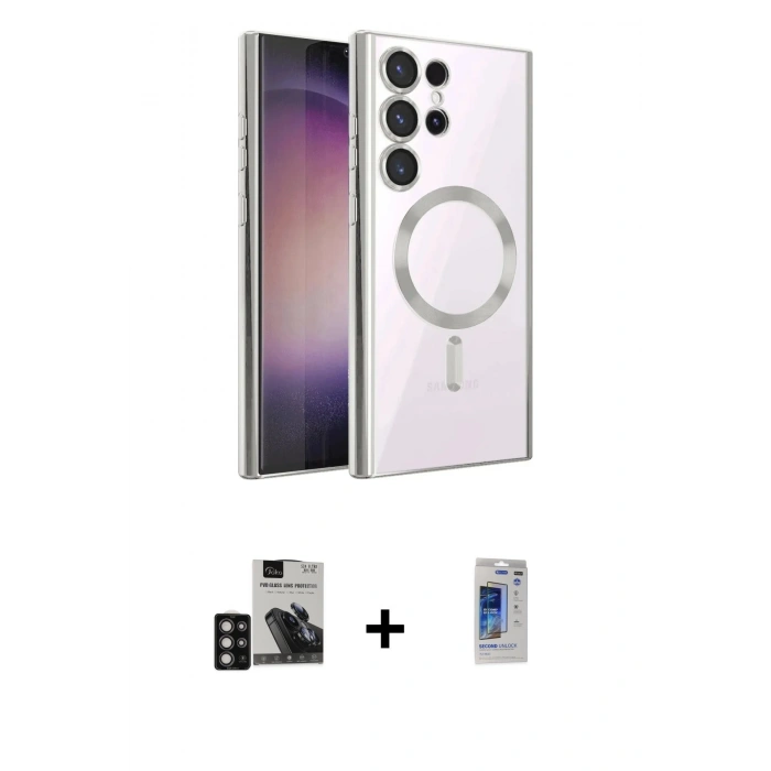 MARSİLYAN™- Galaxy S24 Ultra Kılıf Nova Işık Özel Seri - Siyah Durable Full Glue Curved Hayalet Cam + PVD Metal Kamera Lens - DNMR