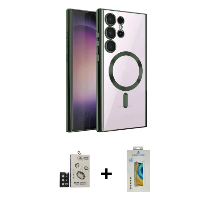 MARSİLYAN™- Galaxy S24 Ultra Kılıf Nova Işık Özel Seri - Siyah Polymer Nano Ekran Koruyucu + Bilvis Titan Kamera Lens - SH