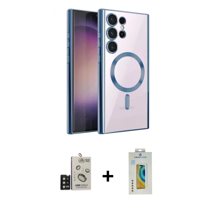 MARSİLYAN™- Galaxy S24 Ultra Kılıf Nova Işık Özel Seri - Siyah Polymer Nano Ekran Koruyucu + Bilvis Titan Kamera Lens - SH