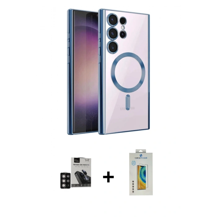 MARSİLYAN™- Galaxy S24 Ultra Kılıf Nova Işık Özel Seri - Siyah Polymer Nano Ekran Koruyucu + Derin Mor PVD Metal Kamera Lens