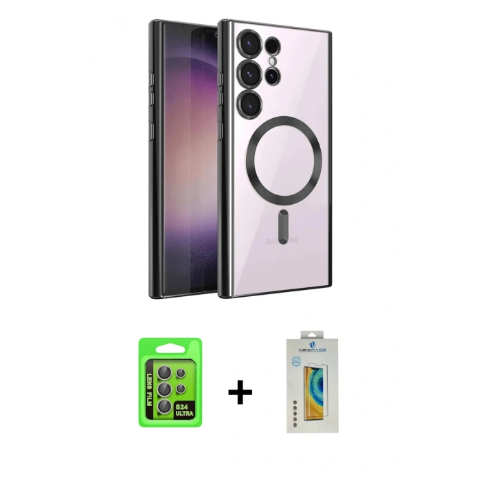 MARSİLYAN™- Galaxy S24 Ultra Kılıf Nova Işık Özel Seri - Siyah Polymer Nano Ekran Koruyucu + Raze Metal Kamera Lens - GI