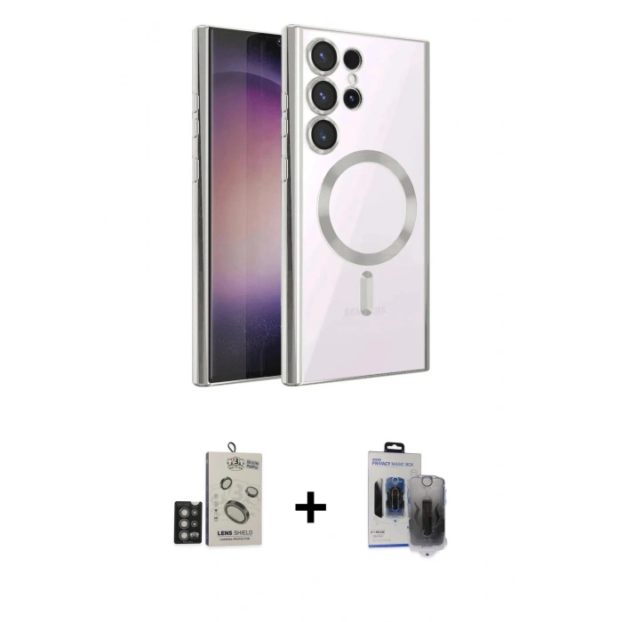 MARSİLYAN™- Galaxy S24 Ultra Kılıf Nova Işık Özel Seri - Siyah Vanessa Magic Hayalet Cam + Bilvis Titan Kamera Lens - DNMR