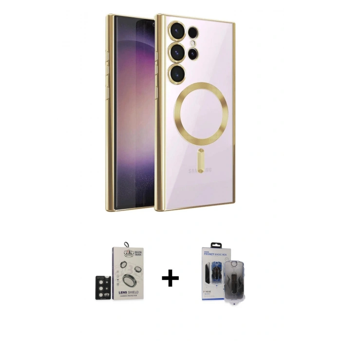 MARSİLYAN™- Galaxy S24 Ultra Kılıf Nova Işık Özel Seri - Siyah Vanessa Magic Hayalet Cam + Bilvis Titan Kamera Lens - SH