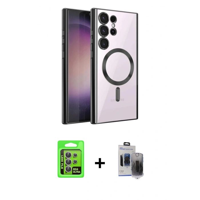 MARSİLYAN™- Galaxy S24 Ultra Kılıf Nova Işık Özel Seri - Siyah Vanessa Magic Hayalet Cam + Raze Metal Kamera Lens - MR
