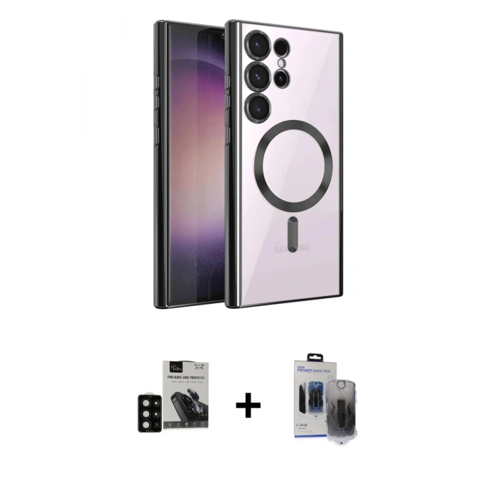 MARSİLYAN™- Galaxy S24 Ultra Kılıf Nova Işık Özel Seri - Siyah Vanessa Magic Hayalet Cam + PVD Metal Kamera Lens - SH