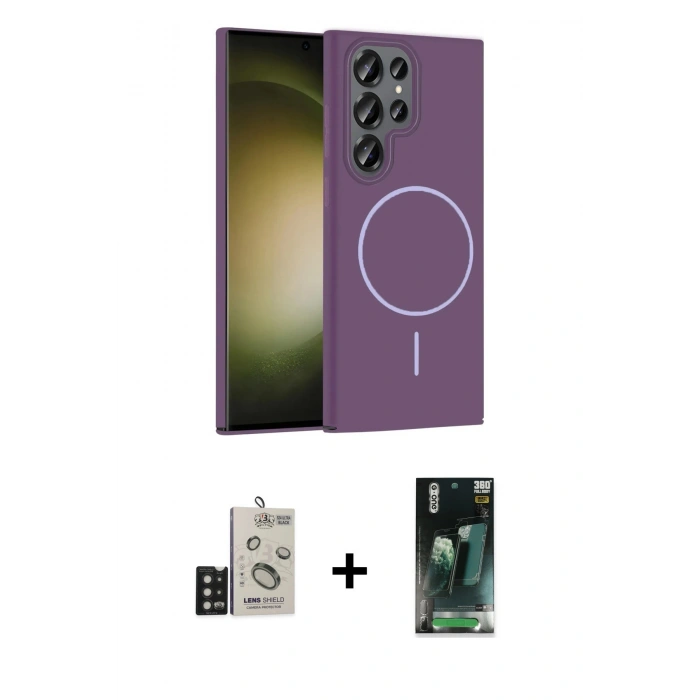 MARSİLYAN™- Galaxy S24 Ultra Kılıf Siluet Doku Özel Seri - Siyah 360 Mat Full Body Arka Koruyucu + Bilvis Titan Kamera Lens - SH