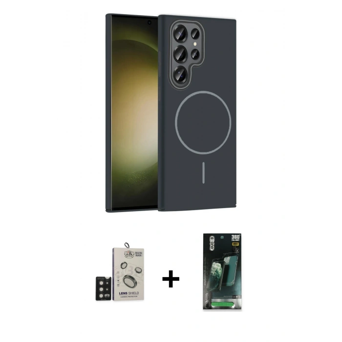 MARSİLYAN™- Galaxy S24 Ultra Kılıf Siluet Doku Özel Seri - Siyah 360 Mat Full Body Arka Koruyucu + Bilvis Titan Kamera Lens - SH