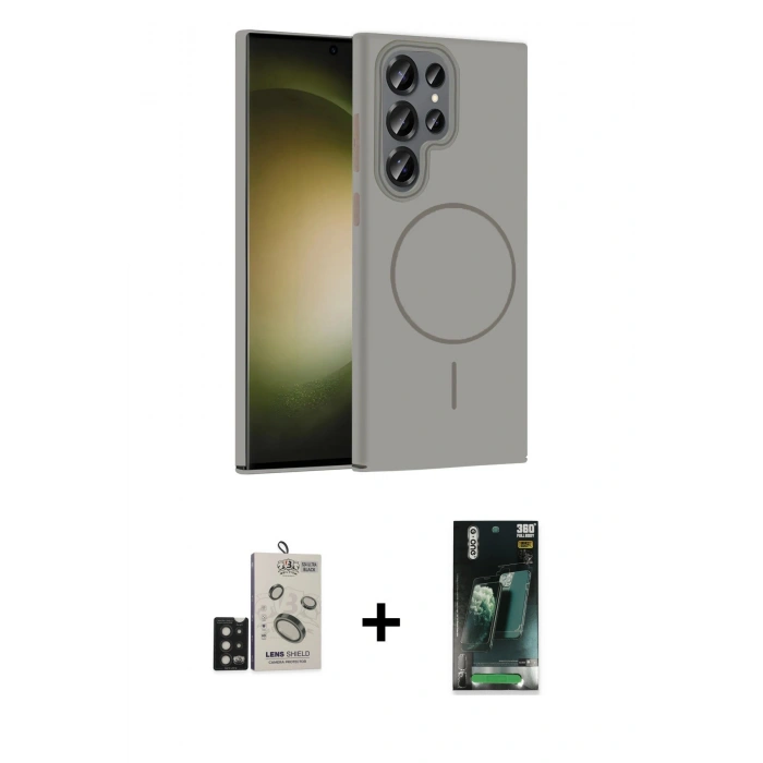 MARSİLYAN™- Galaxy S24 Ultra Kılıf Siluet Doku Özel Seri - Siyah 360 Mat Full Body Arka Koruyucu + Bilvis Titan Kamera Lens - SH