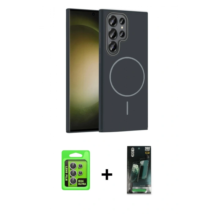 MARSİLYAN™- Galaxy S24 Ultra Kılıf Siluet Doku Özel Seri - Siyah 360 Mat Full Body Arka Koruyucu + Raze Metal Kamera Lens - MR